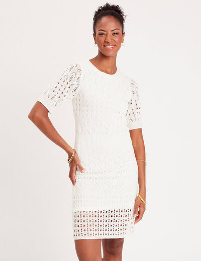 Robe pull évasée ajourée ecru femme