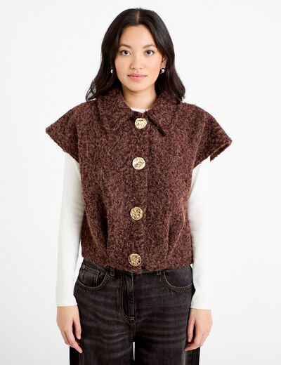 Veste sans manches bouclette col rond marron clair femme