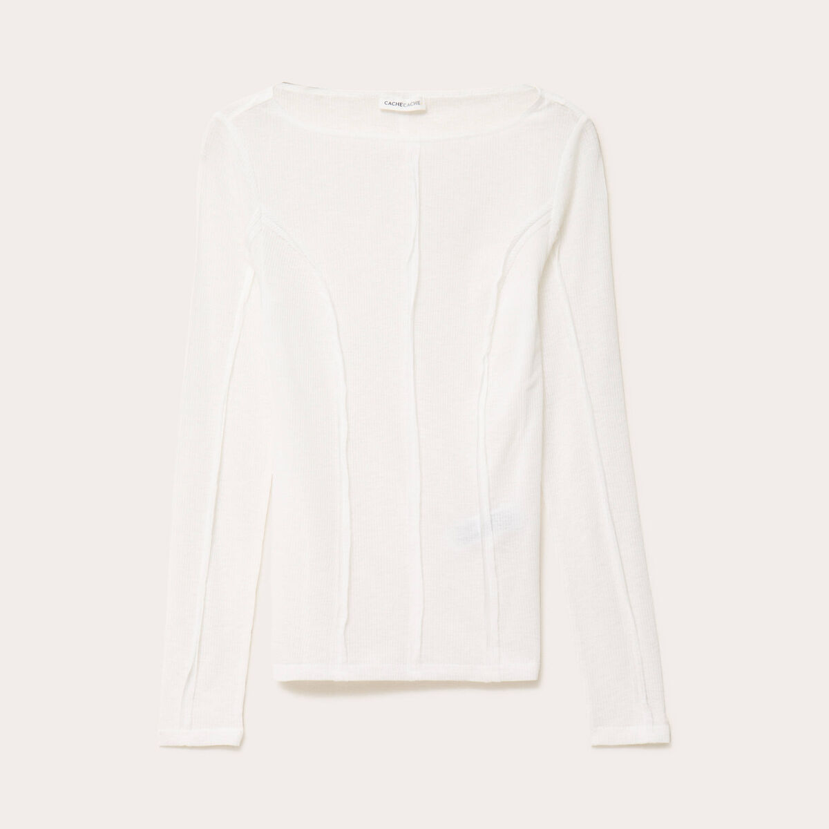 T-shirt cintr&eacute; col rond manches longues blanc femme