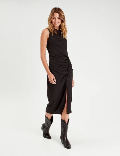 Robe longue ajustée drappée noir femme