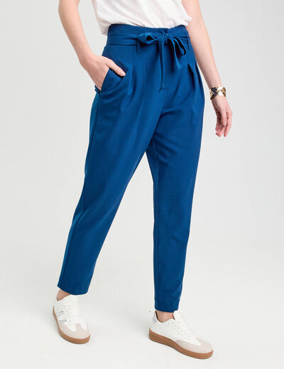Pantalon paperbag fluide bleu marine femme