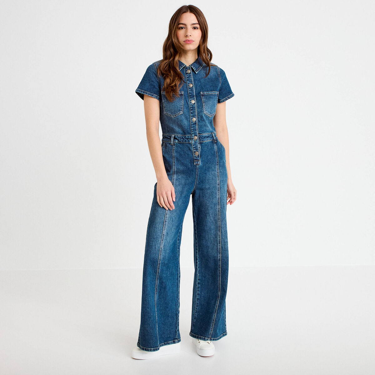 Combinaison manches courtes denim stone femme