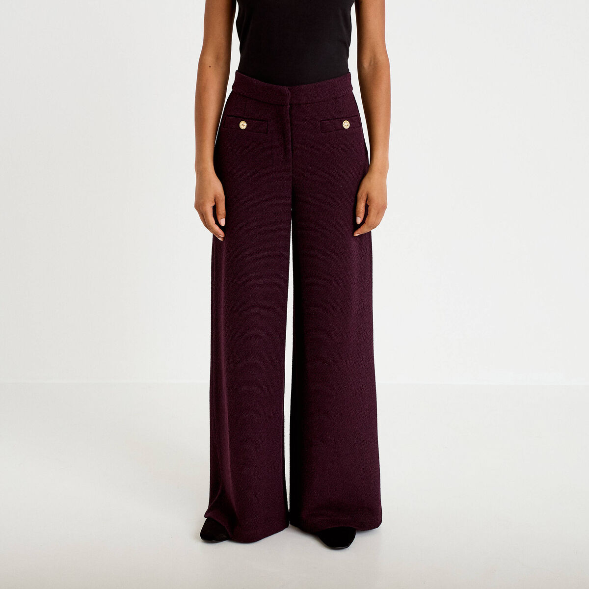 Pantalon bootcut en tweed violet fonc&eacute; femme