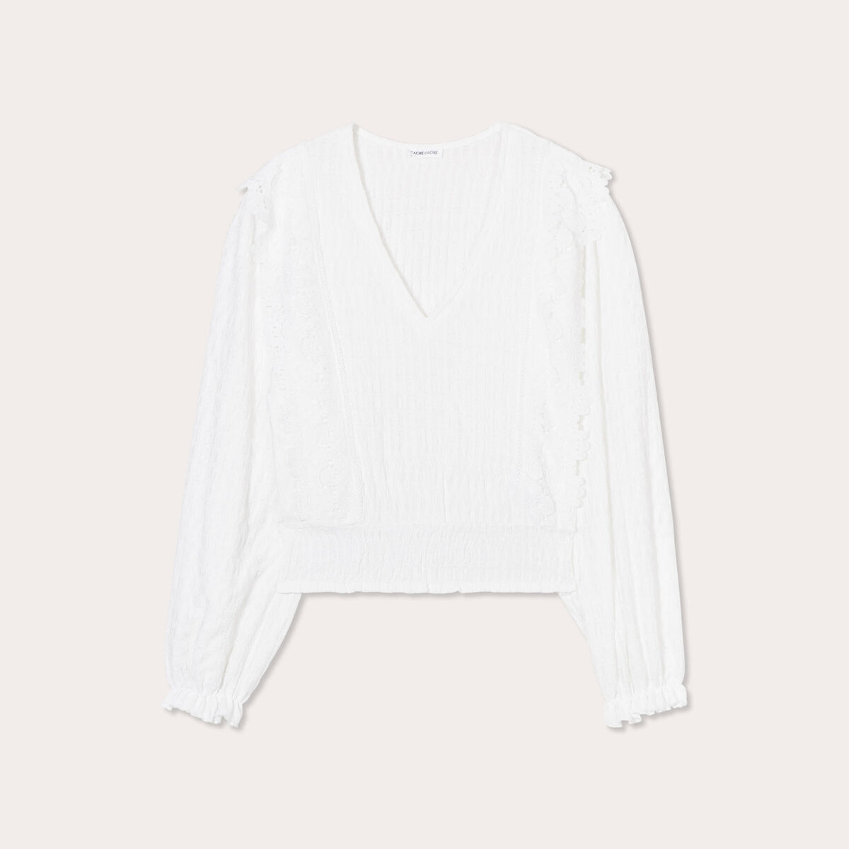 Blouse manches longues smockée ecru femme