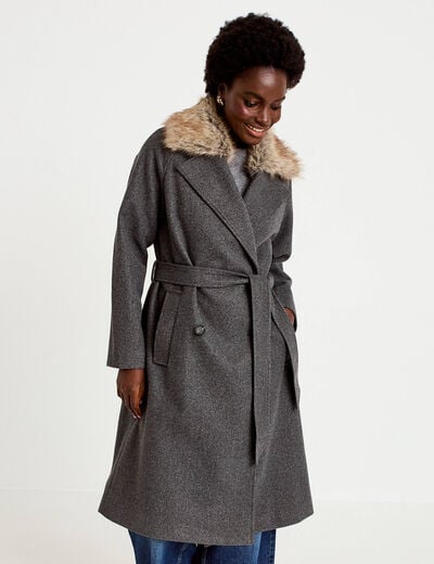 Manteau droit mi-long &agrave; manches longues gris femme
