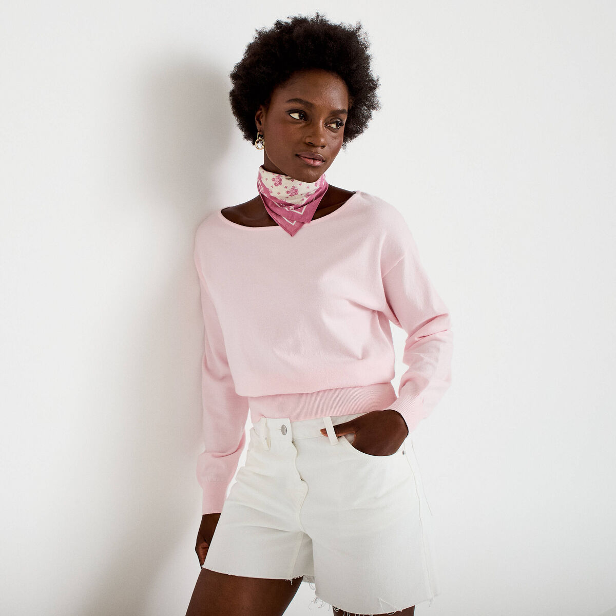 Pull ample manches longues fin rose clair femme