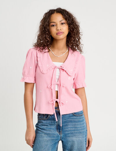 Blouse nouée brodée rose poudrée femme