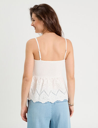 Débardeur smocké et broderie blanc femme
