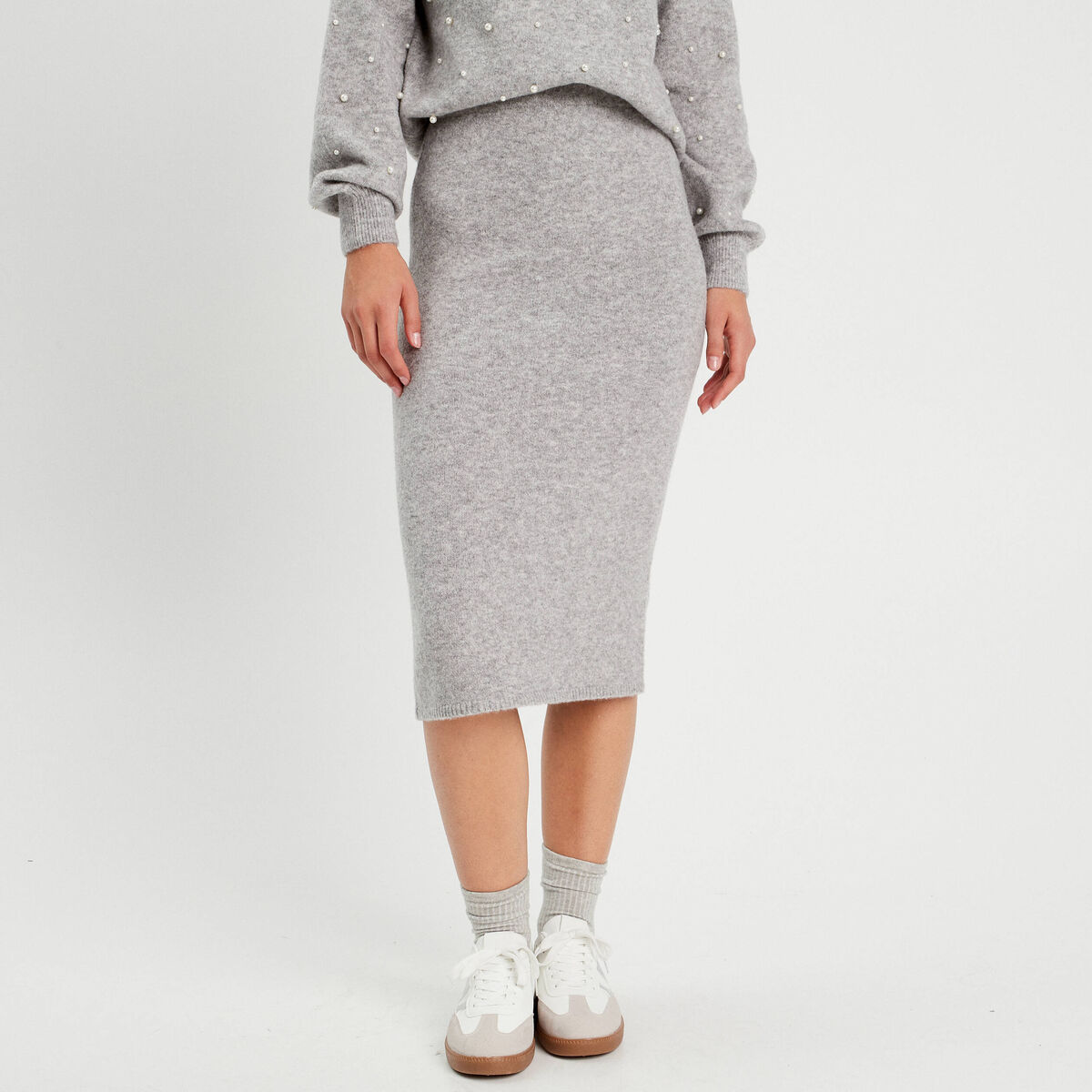 Jupe tricot midi droite gris clair femme