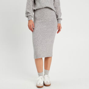 Jupe tricot midi droite gris clair femme