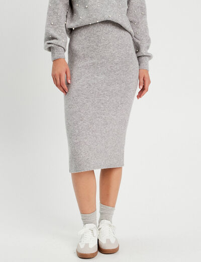 Jupe tricot midi droite gris clair femme