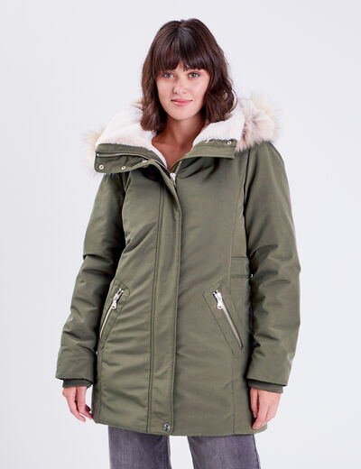 Parka droite avec capuche vert kaki femme