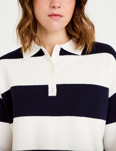 Polo manches longues col chemise bleu marine femme