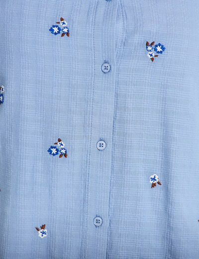 Blouse droite courte col v broderie bleu femme