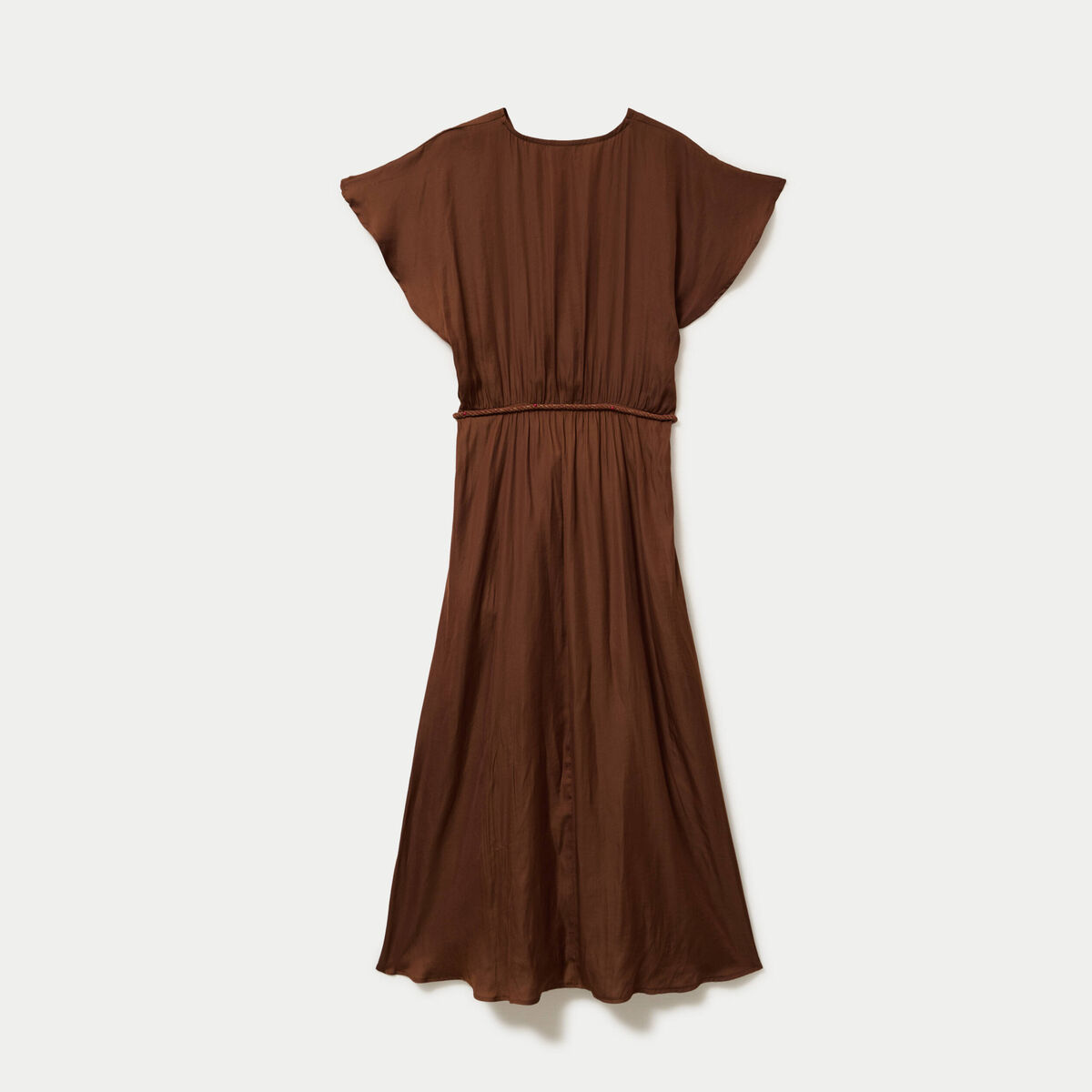 Robe longue &eacute;vas&eacute;e col v satin&eacute;e marron femme