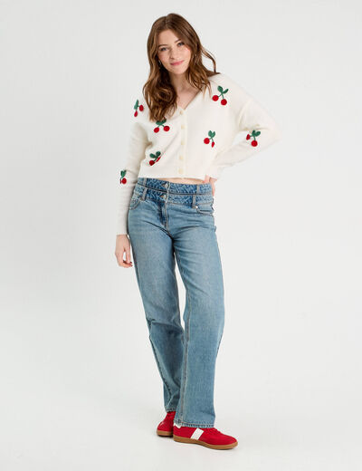 Gilet court brodé ecru femme