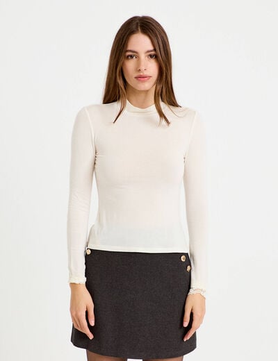 T-shirt ajust&eacute; col roul&eacute; dentelle ecru femme