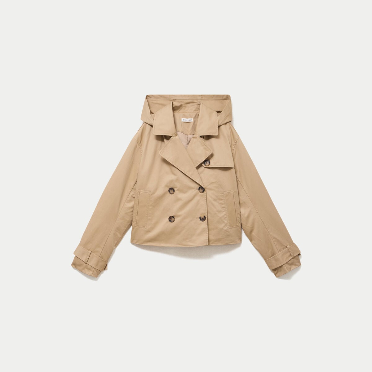 Trench droit court &agrave; capuche amovible beige femme