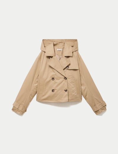 Trench droit court &agrave; capuche amovible beige femme