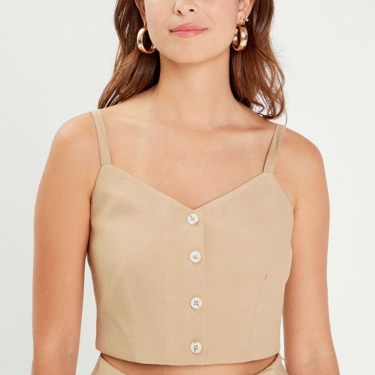 Caraco cropped boutonn&eacute; beige femme