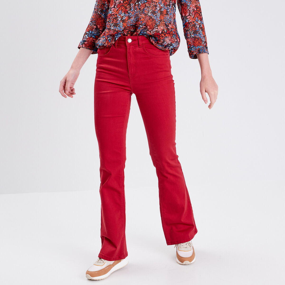Jeans flare taille haute rouge foncé femme