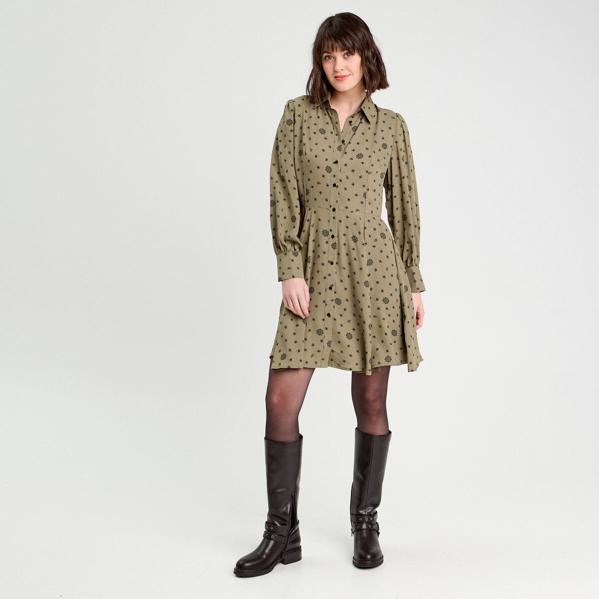 Robe chemise évasée fluide vert femme