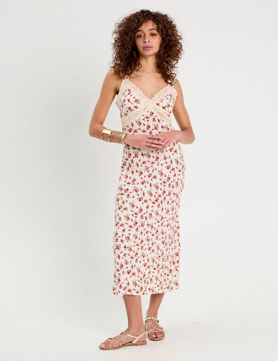 Robe longue évasée dentelle blanc femme