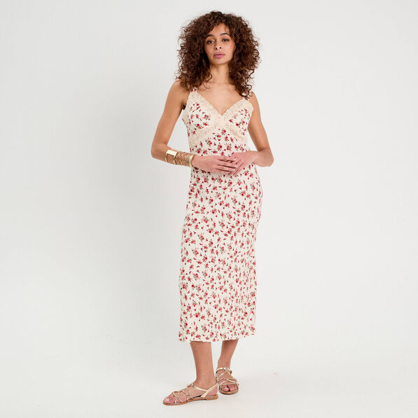 Robe longue évasée dentelle blanc femme