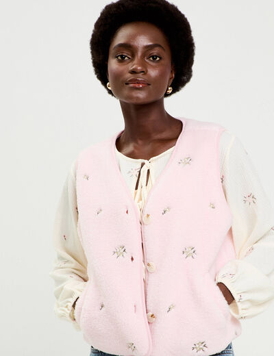Gilet sans manches brod&eacute; effet polaire vieux rose femme