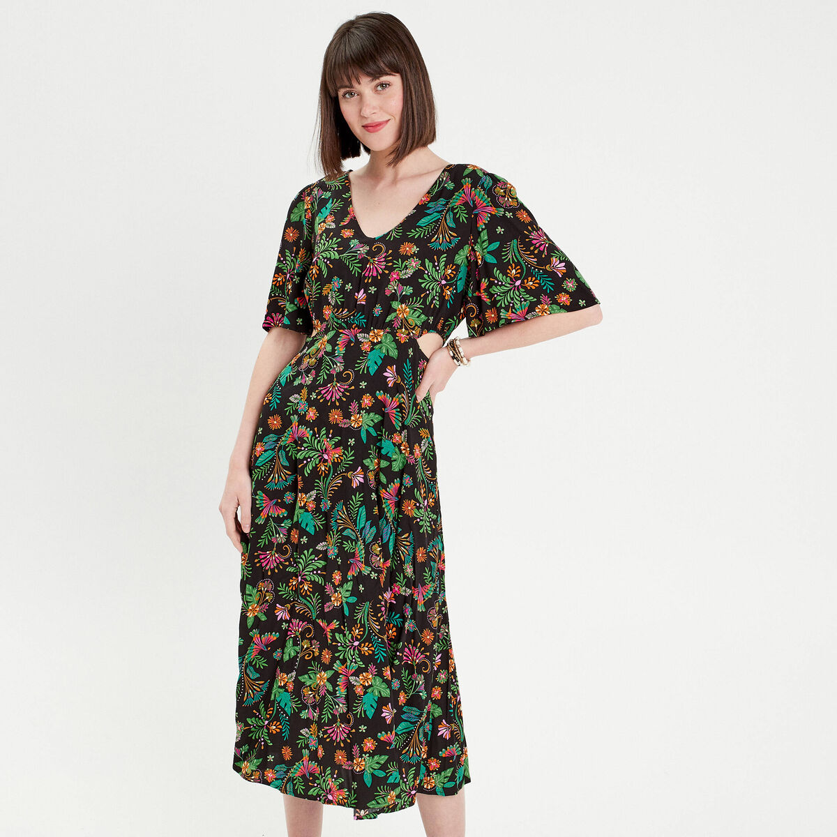 Robe longue évasée ouvertures noir femme