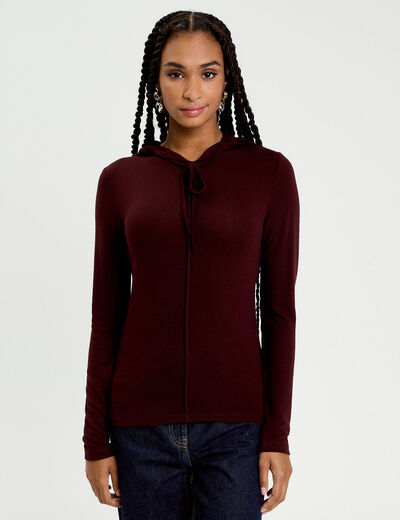 Pull &agrave; capuche rouge fonc&eacute; femme
