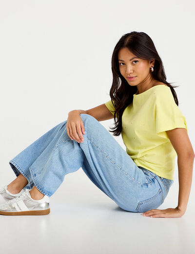 Jean wide leg d&eacute;tails clout&eacute;s denim bleach femme