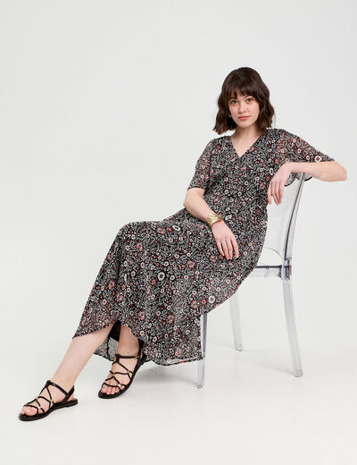 Robe longue évasée col en V noir femme