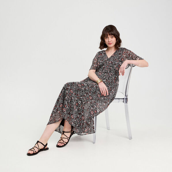 Robe longue évasée col en V noir femme