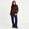 Chemise droite broderie manches longues marron fonc&eacute; femme