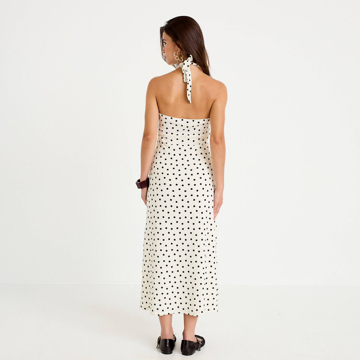 Robe &eacute;vas&eacute;e 3/4 sans manches col v beige clair femme