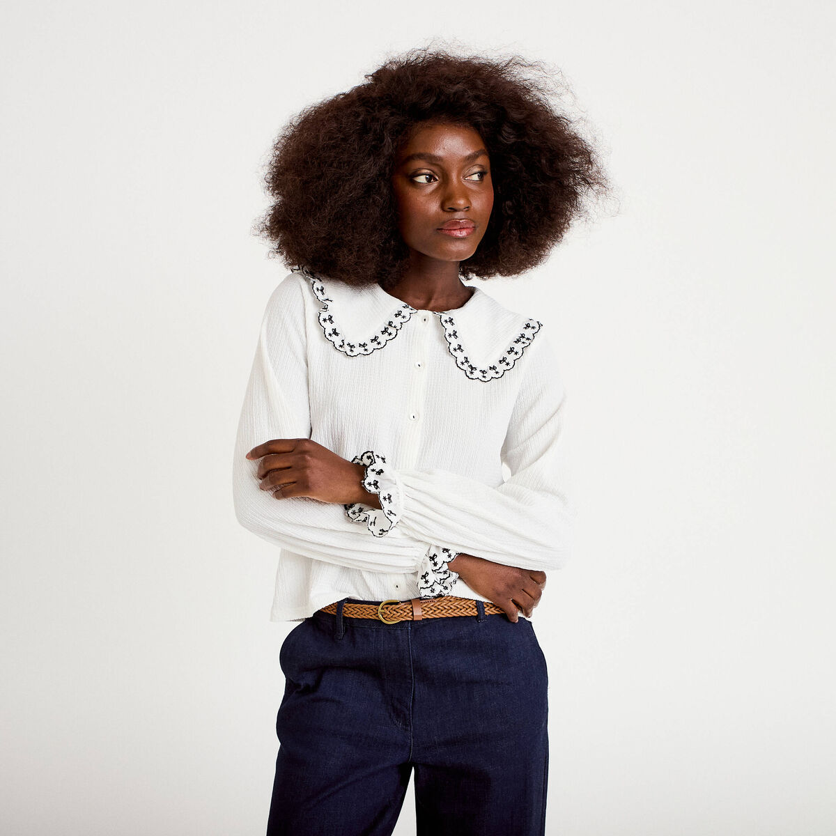 Blouse broderie manches longues ecru femme