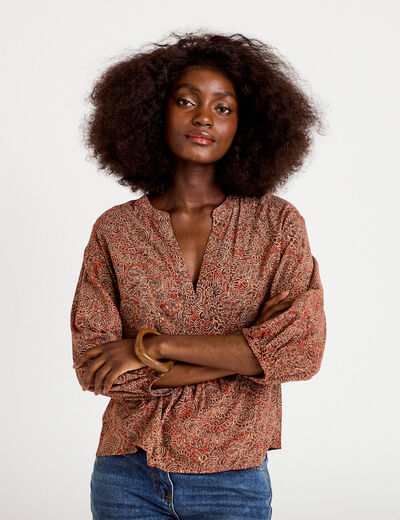 Blouse col v manches longues rouge fonc&eacute; femme