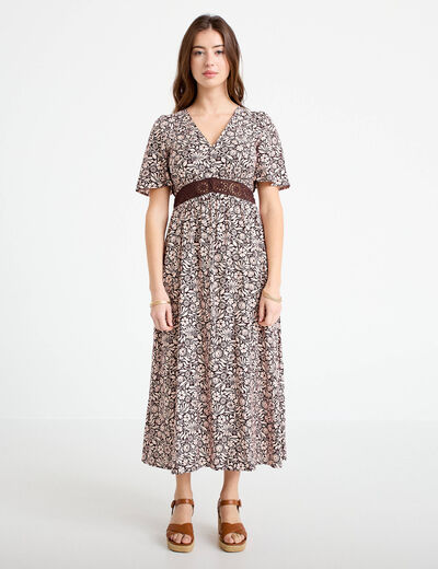 Robe longue &eacute;vas&eacute;e col v manches courtes marron femme