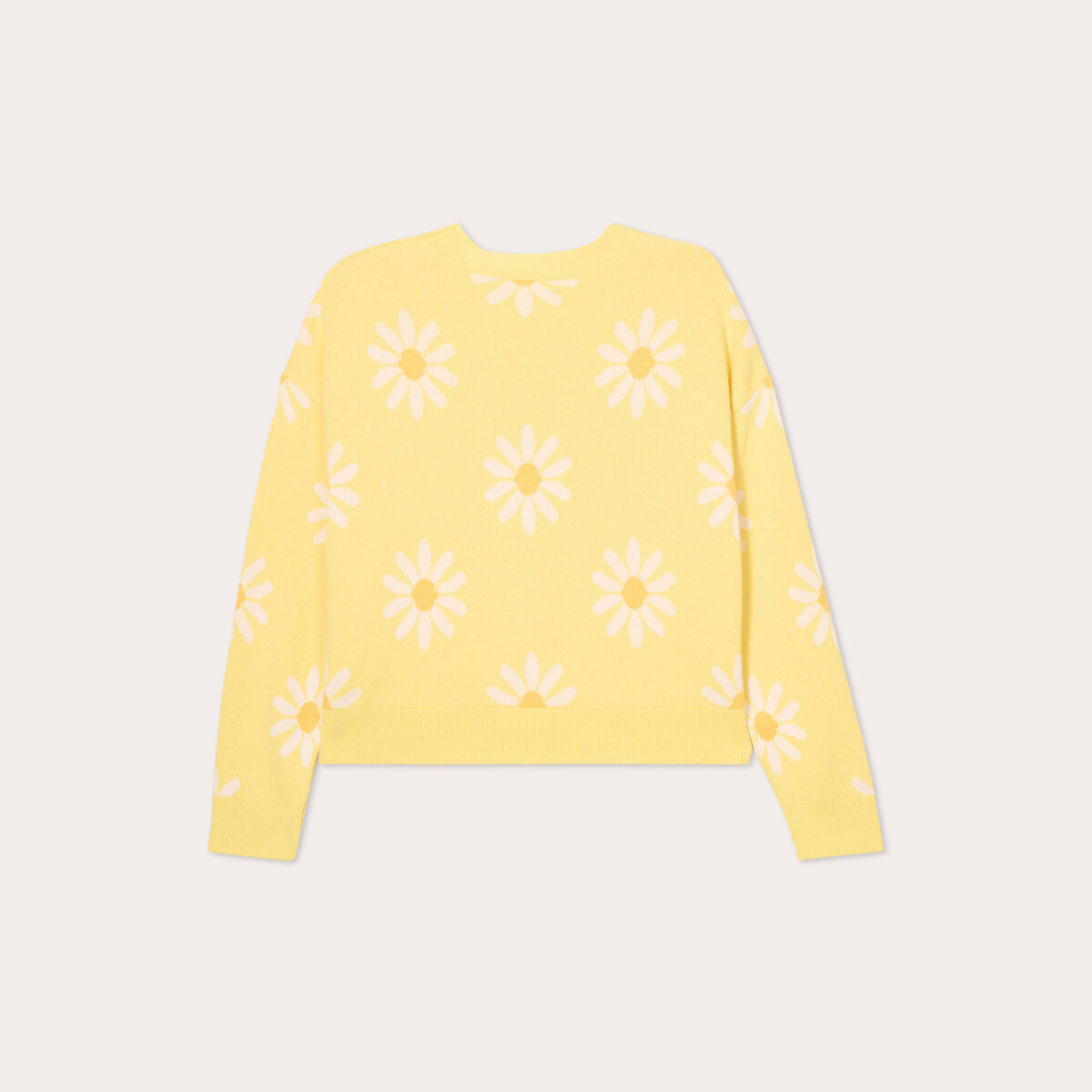 Gilet col v motif fleur jaune clair femme