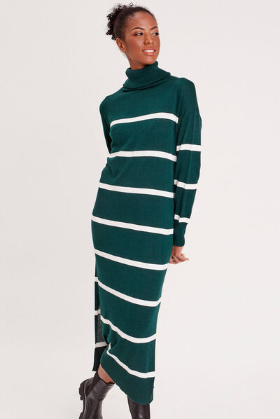 Robe pull longue col roulé vert foncé femme