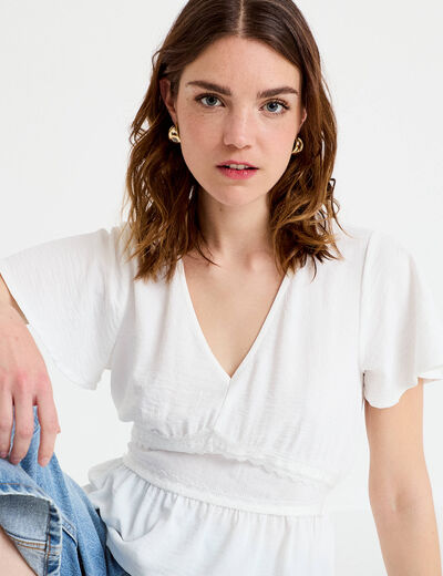 Blouse droite col v manches courtes ecru femme