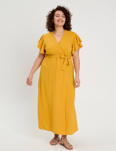 Robe longue évasée cache-coeur jaune femme