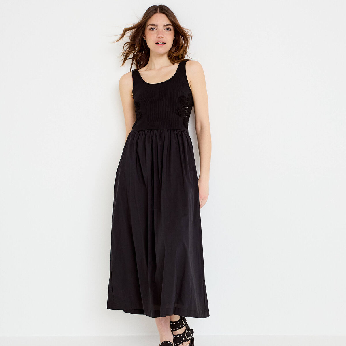 Robe longue &eacute;vas&eacute;e bi-mati&egrave;re noir femme
