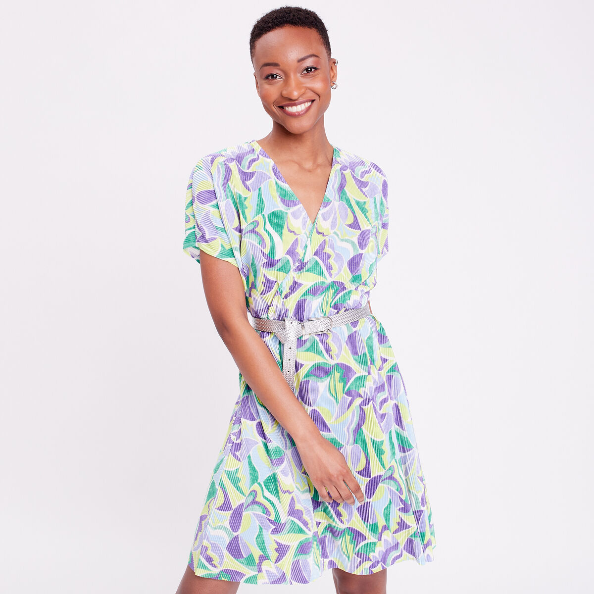 Robe &eacute;vas&eacute;e pliss&eacute;e beige femme