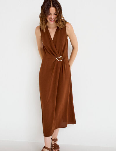 Robe droite 3/4 sans manches col v marron femme