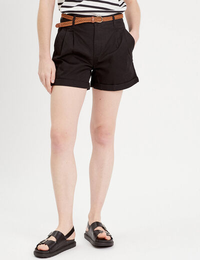 Short chino ceinturé noir femme