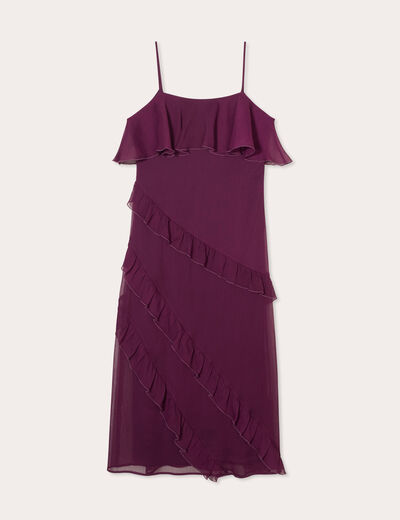 Robe longue droite volants prune femme