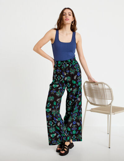 Pantalon large taille standard pliss&eacute; noir femme