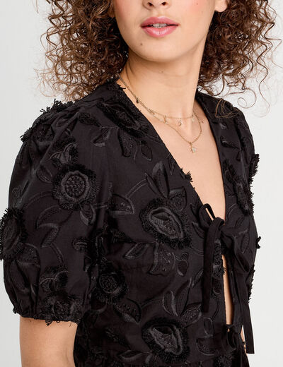 Blouse manches courtes noeuds noir femme